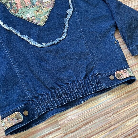 Tapestry Denim Jacket Dark Jean Horse Wagon Pattern Vintage 80s Made in Canada - Picture 6 of 8